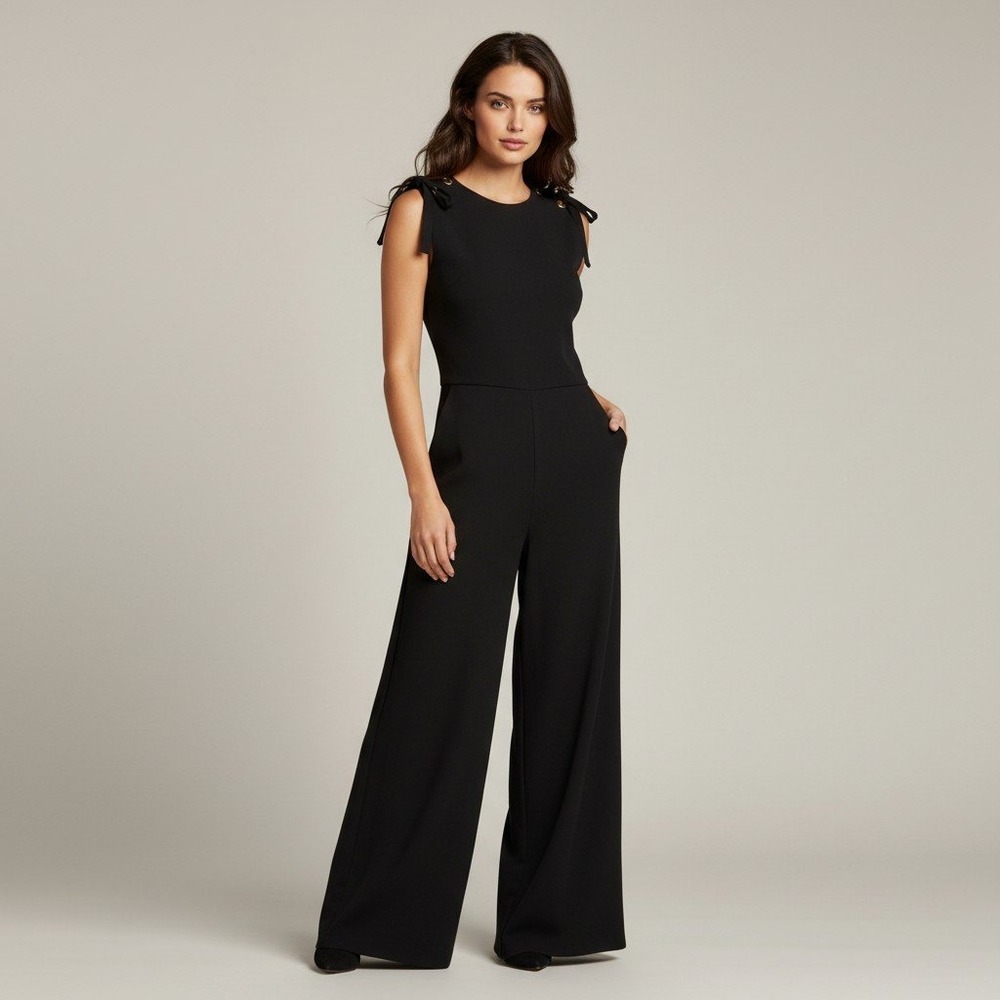Sandro Paris Black Wide Leg Eyelet Tie Shoulder Jumpsuit P6201E-20 Size 38